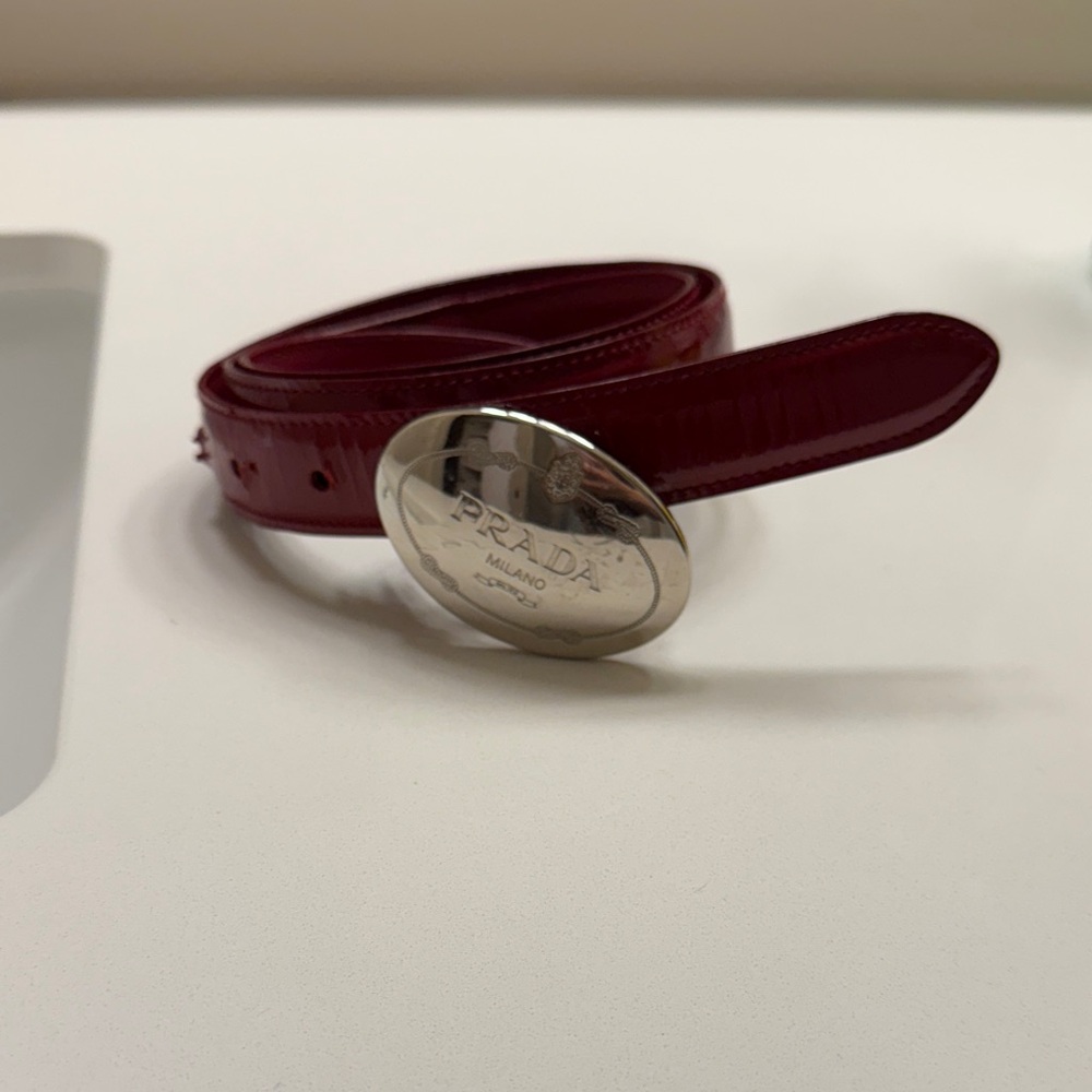 Prada Red Leather Belt with Silver Buckle